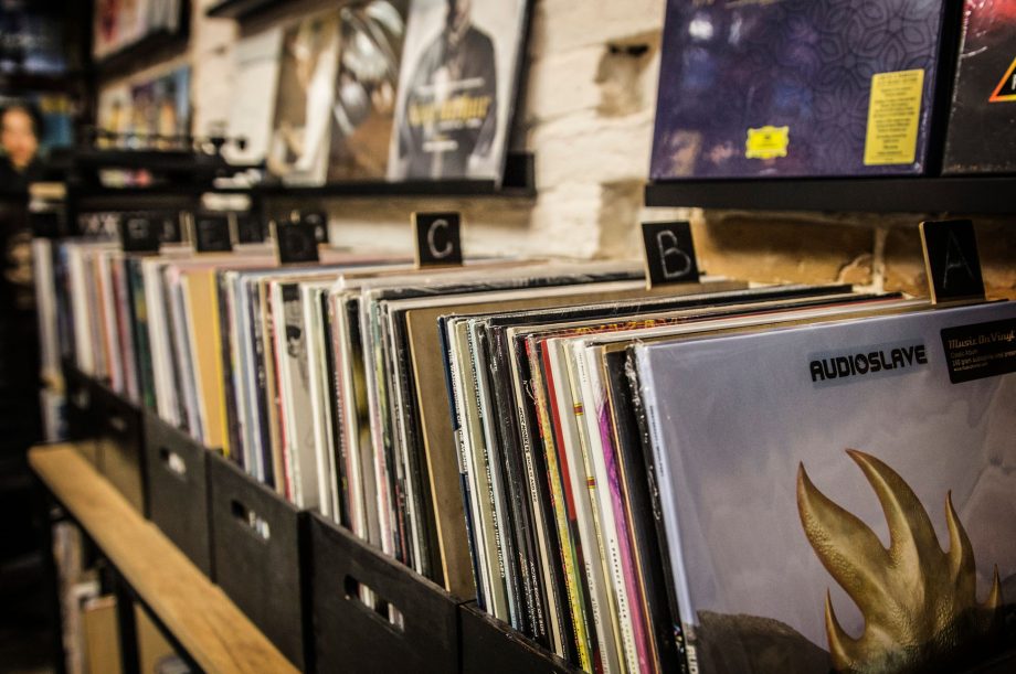 Vinyl shop in Kiev, Ukraine. Collection of LP vinyl records for